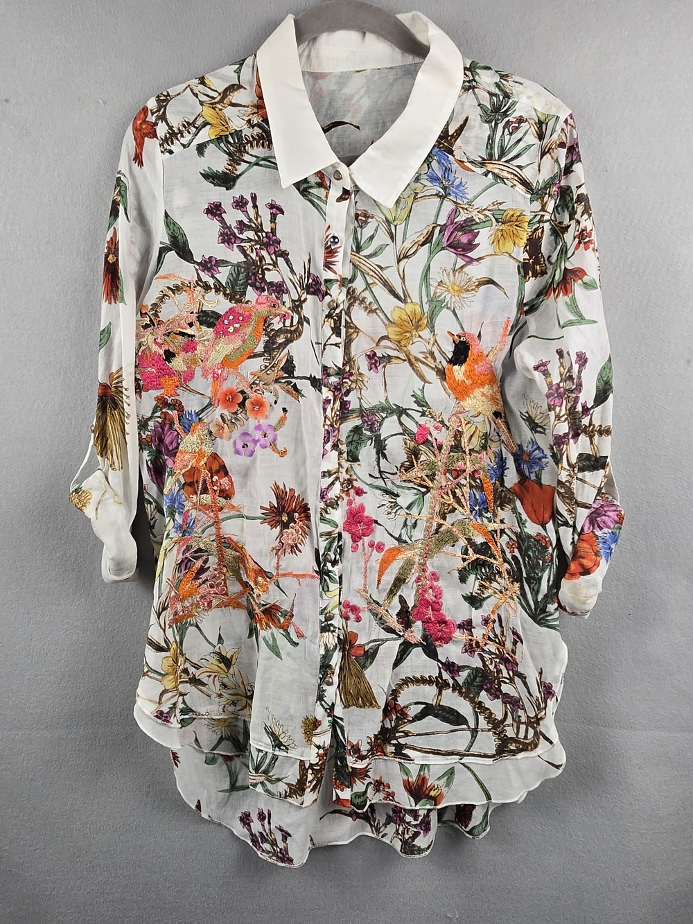 Aratta Lilia Floral Bird Embroidered Button Down Shirt Tunic Small